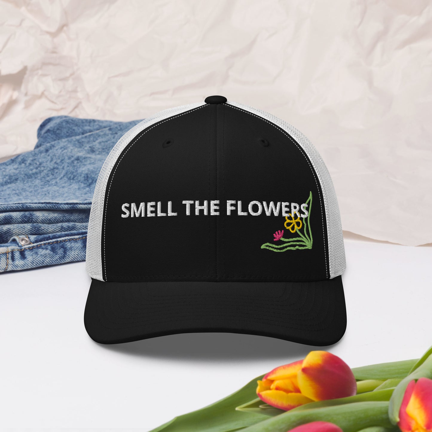 B. SMELL THE FLOWERS - BLACK AND WHITE (Trucker Cap)