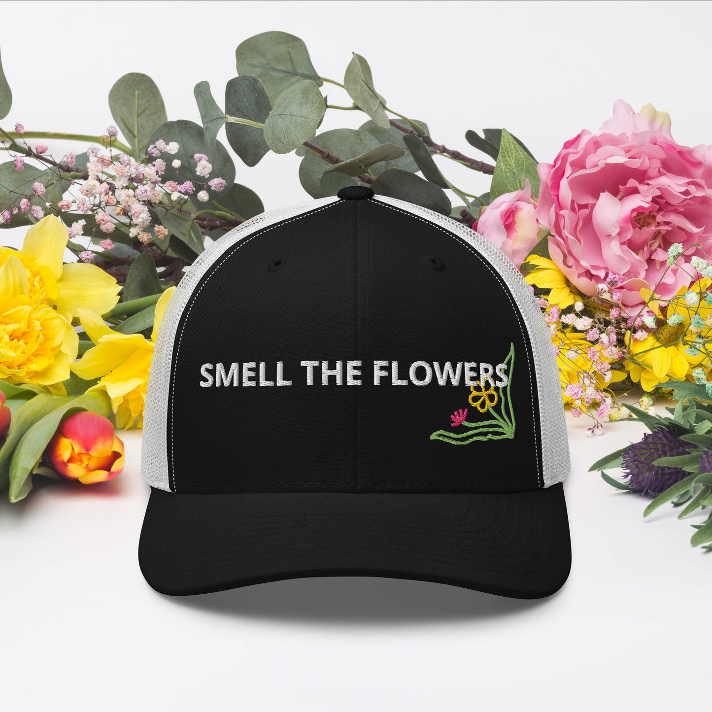 B. SMELL THE FLOWERS - BLACK AND WHITE (Trucker Cap)